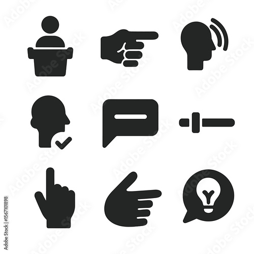 Persuasive Communication Icons. Solid, filled icons set of persuasive communication: speaker at podium,