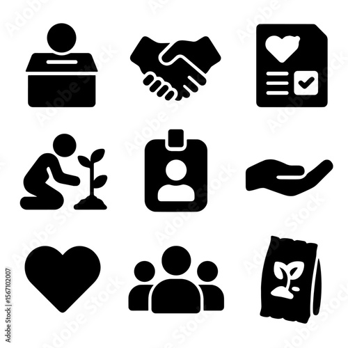 Philanthropy Icons Grid. Solid, filled icons set of legacy gifts and philanthropy: charity box, handshake,