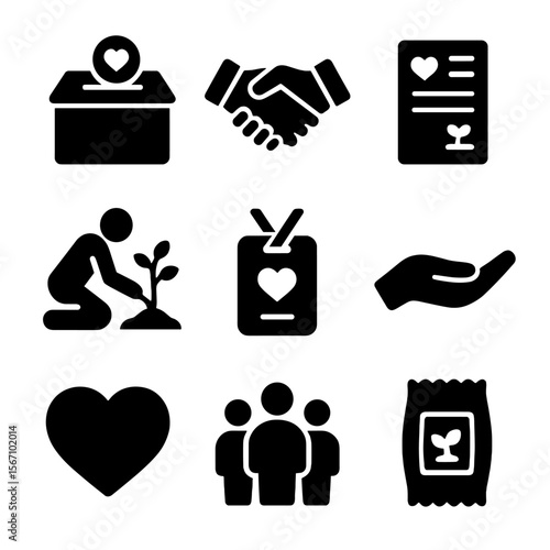 Philanthropy Icons Grid. Solid, filled icons set of legacy gifts and philanthropy: charity box, handshake,