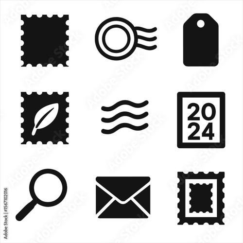 Philately Icon Set. Solid, filled icons set of philately symbols: stamp silhouette, postmark outline, value