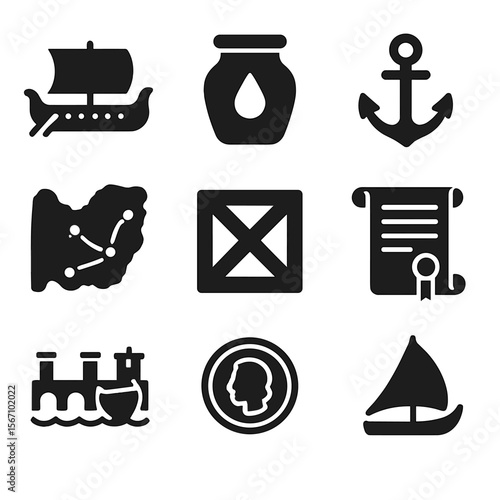Phoenician Trade Icons. Solid, filled icons set of Phoenician trade networks: trading ship, purple dye jar,