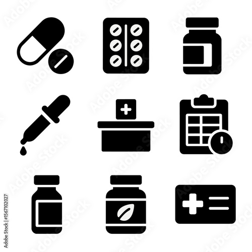 Pharmaceuticals Icon Set. Solid, filled icons set of pharmaceuticals and medication: pill capsule, tablet