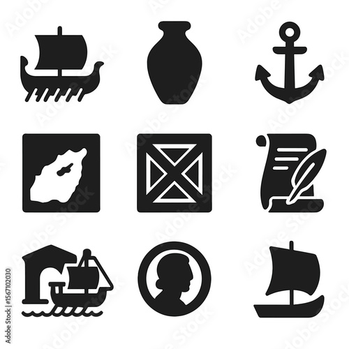 Phoenician Trade Icons. Solid, filled icons set of Phoenician trade networks: trading ship, purple dye jar,