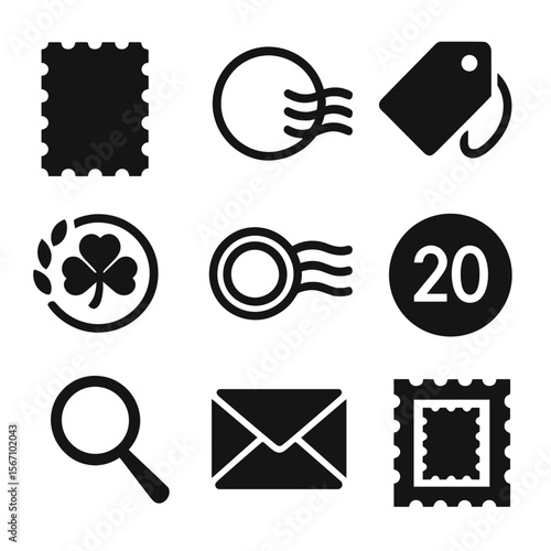 Philately Icon Set. Solid, filled icons set of philately symbols: stamp silhouette, postmark outline, value