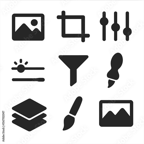 Photo Editing Icons. Solid, filled icons set of photo editing and manipulation: photo icon, crop tool, color