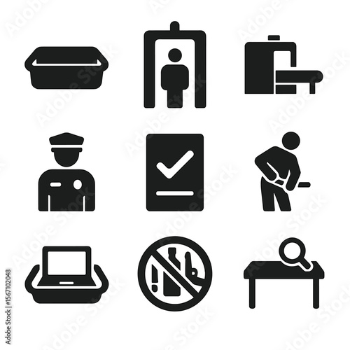 TSA Checkpoint Icons. Solid, filled icon set of TSA checkpoint essentials: plastic bin, walk-through scanner, X-ray machine,