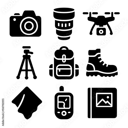 Photography Gear Icons. Solid, filled icons set of photography and exploration gear: DSLR camera, wide-angle