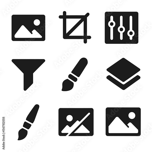 Photo Editing Icons. Solid, filled icons set of photo editing and manipulation: photo icon, crop tool, color