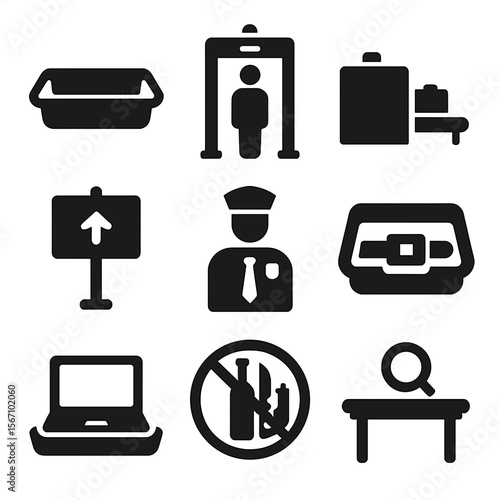 TSA Checkpoint Icons. Solid, filled icon set of TSA checkpoint essentials: plastic bin, walk-through scanner, X-ray machine,