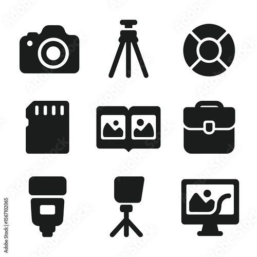 Photography Gift Icons. Solid, filled icons set of gifts for photography lovers: DSLR camera, tripod, lens cap