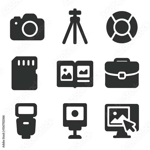 Photography Gift Icons. Solid, filled icons set of gifts for photography lovers: DSLR camera, tripod, lens cap