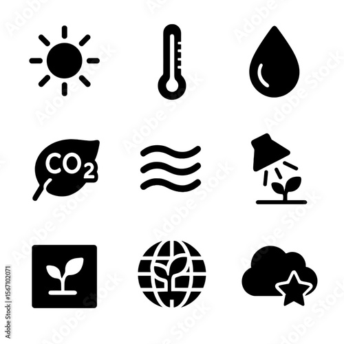 Photosynthesis Environmental Icons. Solid, filled icons set of environmental factors affecting photosynthesis: