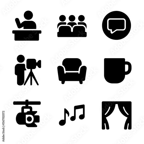 TV Show Icon Set. Solid, filled icon set of TV talk show setup: talk show host, audience seats, show logo, camera crew, guest