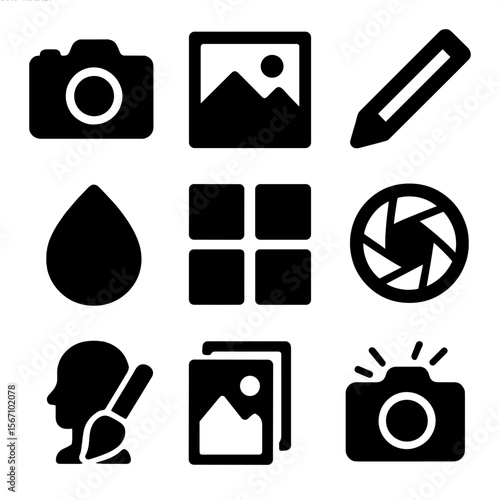 Photography Icon Grid. Solid, filled icons set of photography and photo art: camera icon, photo frame, edit
