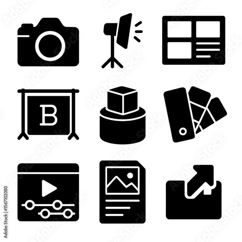 Photography Service Icons. Solid, filled icons set of brand photography and content creation services: DSLR
