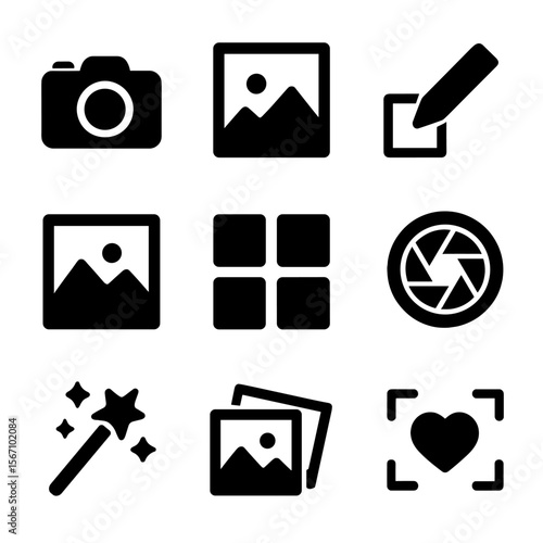 Photography Icon Grid. Solid, filled icons set of photography and photo art: camera icon, photo frame, edit