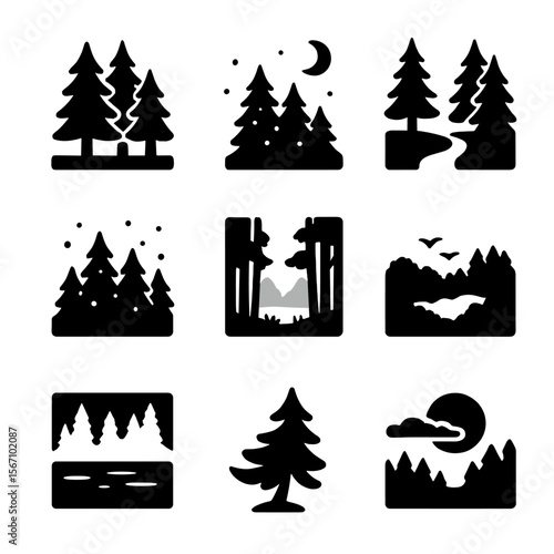 Twilight Forest Icons. Solid, filled icon set of twilight forest scenes: tall tree silhouettes, fading light, firefly glow,