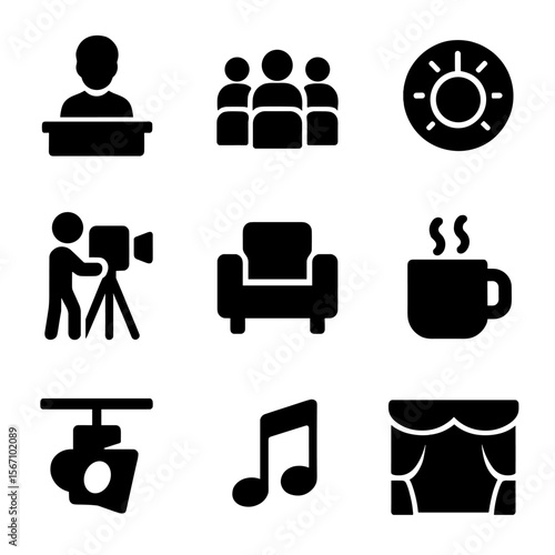 TV Show Icon Set. Solid, filled icon set of TV talk show setup: talk show host, audience seats, show logo, camera crew, guest
