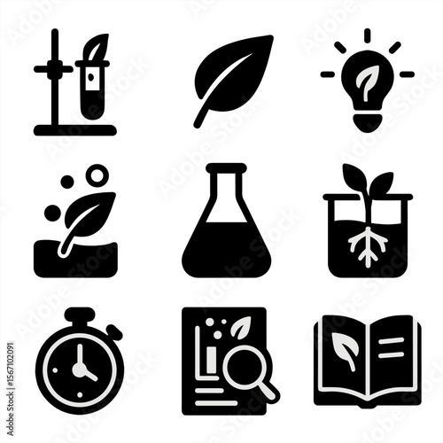 Photosynthesis Experiment Icons. Solid, filled icons set of experiments showing photosynthesis: test tube