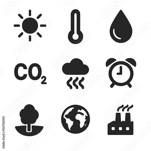 Photosynthesis Environmental Icons. Solid, filled icons set of environmental factors affecting photosynthesis:
