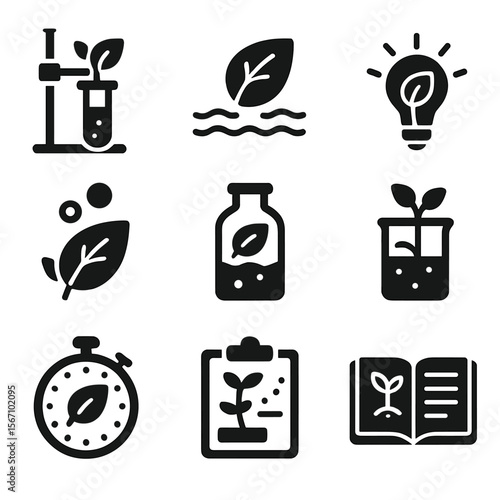 Photosynthesis Experiment Icons. Solid, filled icons set of experiments showing photosynthesis: test tube