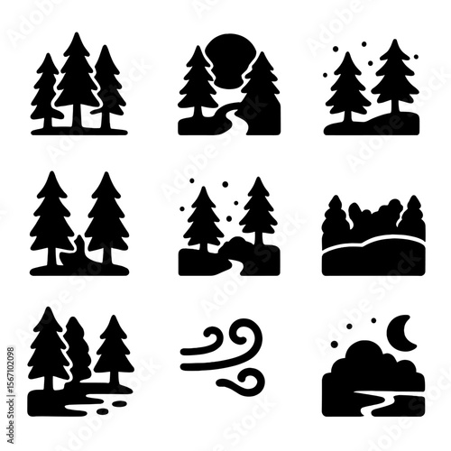 Twilight Forest Icons. Solid, filled icon set of twilight forest scenes: tall tree silhouettes, fading light, firefly glow,