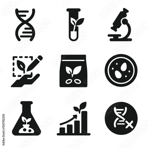 Plant Genetics Icons. Solid, filled icons set of plant breeding and genetics: DNA helix, test tube, microscope