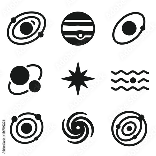 Planetary System Icons. Solid, filled icons set of planetary system models: solar system chart, planet icon,