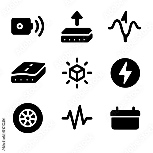 Piezoelectric Road Icons. Solid, filled icons set of piezoelectric road technology: vibration sensor, pressure