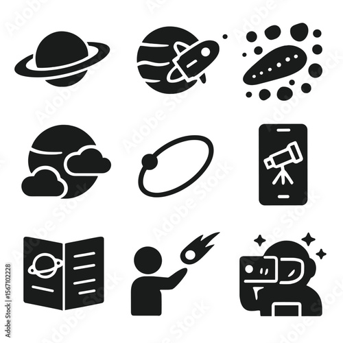 Planetary Sightseeing Icons. Solid, filled icons set of planetary sightseeing: Saturn ring cruise, Jupiter