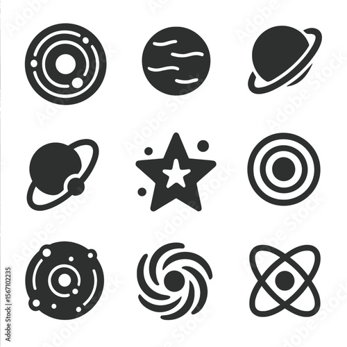 Planetary System Icons. Solid, filled icons set of planetary system models: solar system chart, planet icon,