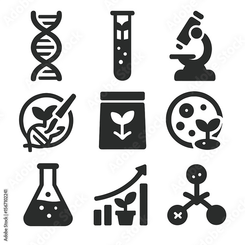 Plant Genetics Icons. Solid, filled icons set of plant breeding and genetics: DNA helix, test tube, microscope