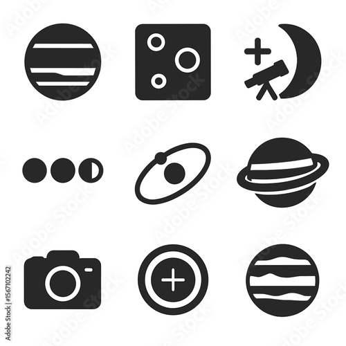 Planetary Observation Icons. Solid, filled icons set of planetary and lunar observation: planet icon, crater