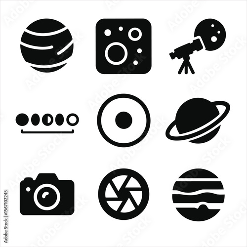 Planetary Observation Icons. Solid, filled icons set of planetary and lunar observation: planet icon, crater