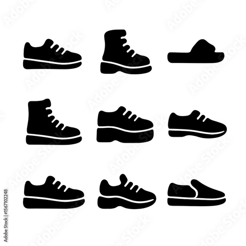 Urban Footwear Icons. Solid, filled icon set of footwear in urban fashion: sneakers, boots, slides, high-tops, platform shoes,