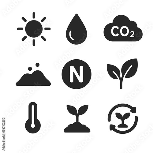 Plant Growth Essentials Icons. Solid, filled icons set of plant survival essentials: sunlight source, clean