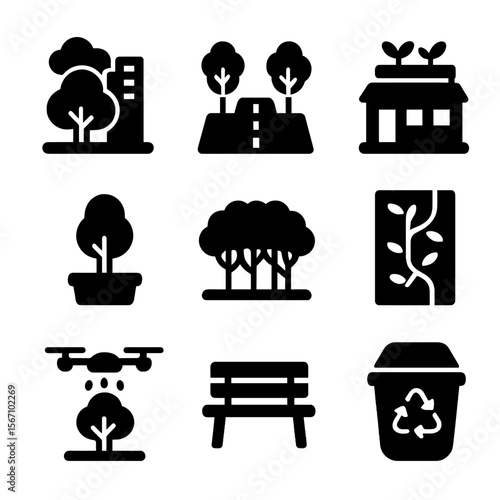 Urban Forestry Icons. Solid, filled icon set of urban forestry: city park, tree-lined street, rooftop garden, sidewalk planter,