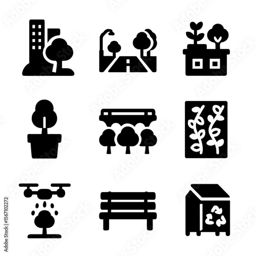 Urban Forestry Icons. Solid, filled icon set of urban forestry: city park, tree-lined street, rooftop garden, sidewalk planter,