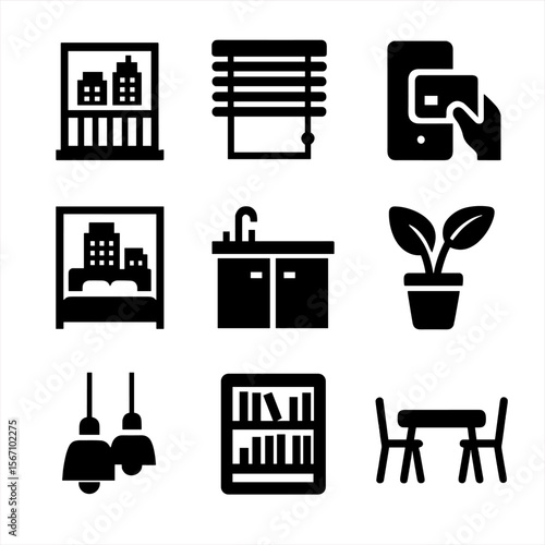 Urban Living Icon Set. Solid, filled icon set of urban living in skyscrapers: balcony view, window blinds, keycard entry,