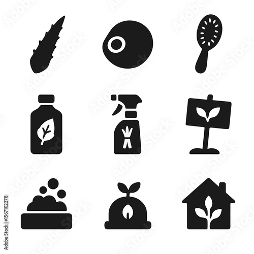 Plant-Based Product Icons. Solid, filled icons set of plant-based household products: aloe leaf, soap nut,