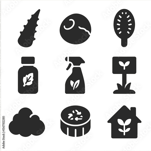 Plant-Based Product Icons. Solid, filled icons set of plant-based household products: aloe leaf, soap nut,