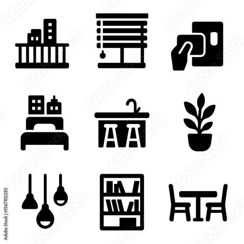 Urban Living Icon Set. Solid, filled icon set of urban living in skyscrapers: balcony view, window blinds, keycard entry,