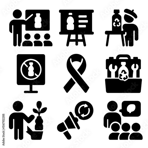 Plastic Awareness Icons. Solid, filled icons set of awareness and education on plastic use: school workshop,