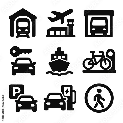 Urban Mobility Icons Grid. Solid, filled icon set of urban mobility hubs: train station, airport terminal, bus depot, car rental,