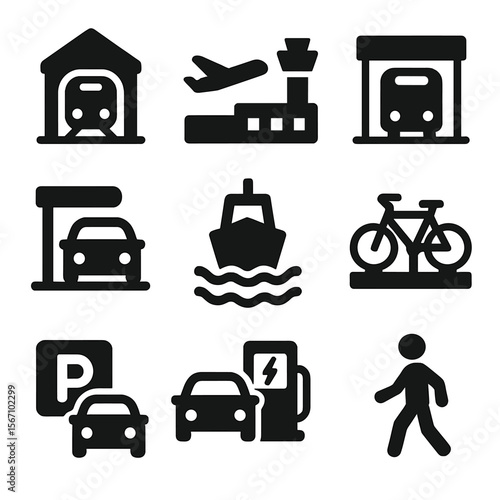 Urban Mobility Icons Grid. Solid, filled icon set of urban mobility hubs: train station, airport terminal, bus depot, car rental,