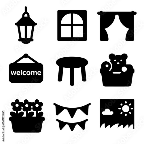 Playhouse Icons Set. Solid, filled icons set of playhouse decorations and accessories: hanging lantern, window
