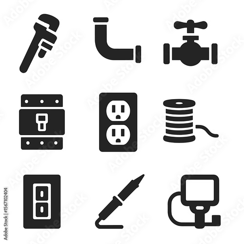 Plumbing Electrical Icons Grid. Solid, filled icons set of plumbing and electrical work: pipe wrench, water