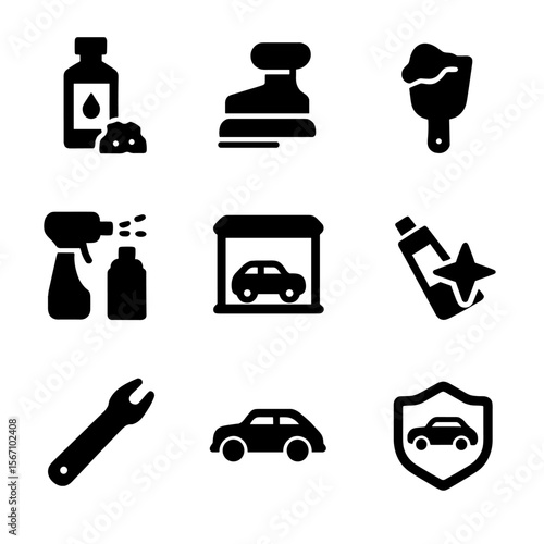 Vehicle and Jewelry Icons. Solid, filled icon set of vehicle restoration tasks: rust remover, sanding machine, body filler, primer