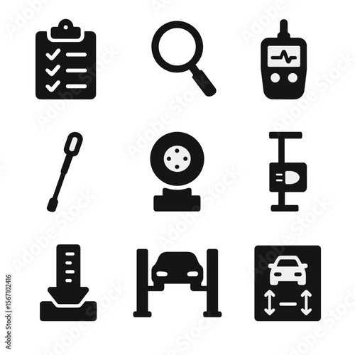 Vehicle Inspection Icons. Solid, filled icon set of vehicle inspection tools: checklist clipboard, magnifying glass, diagnostic