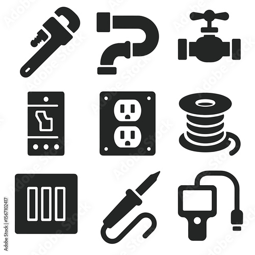Plumbing Electrical Icons Grid. Solid, filled icons set of plumbing and electrical work: pipe wrench, water